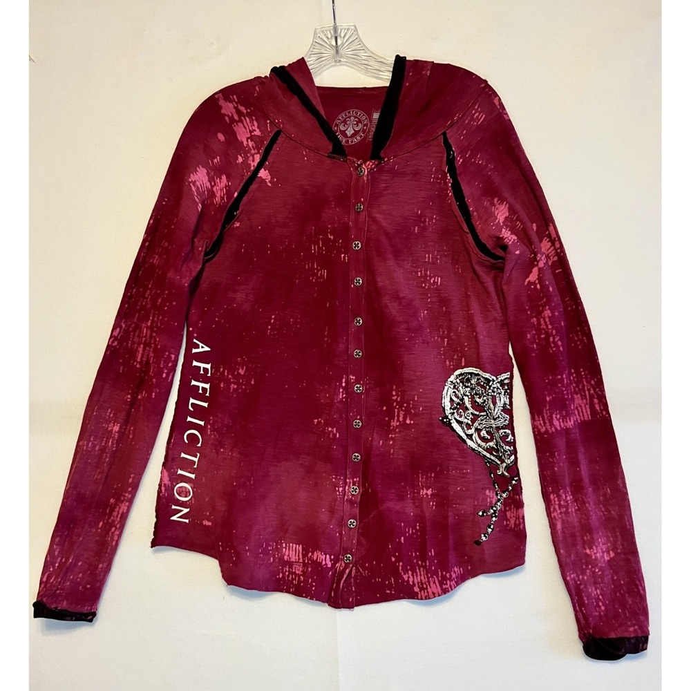 Affliction Womens Long Sleeve Hoodie Tie Dye Wing Rhinestone Cutout XL